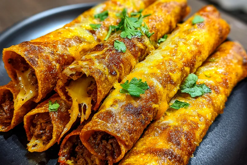 The process of frying crispy beef taquitos in a skillet, showing golden-brown color.