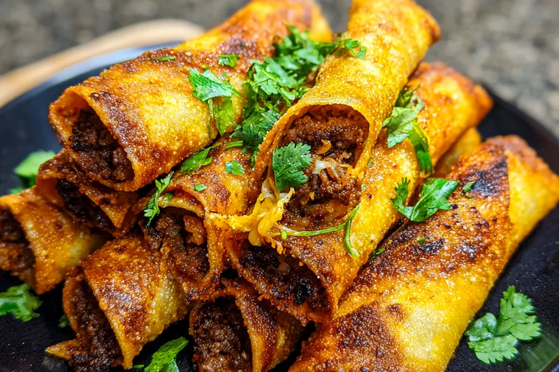 An array of ingredients laid out for making crispy beef taquitos, including tortillas, beef, and cheese.