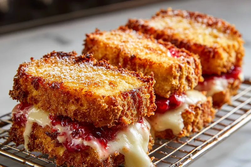 Ingredients for stuffed french toast including brioche loaf, wheel of brie, jar of cranberry sauce, eggs, and panko on a marble surface