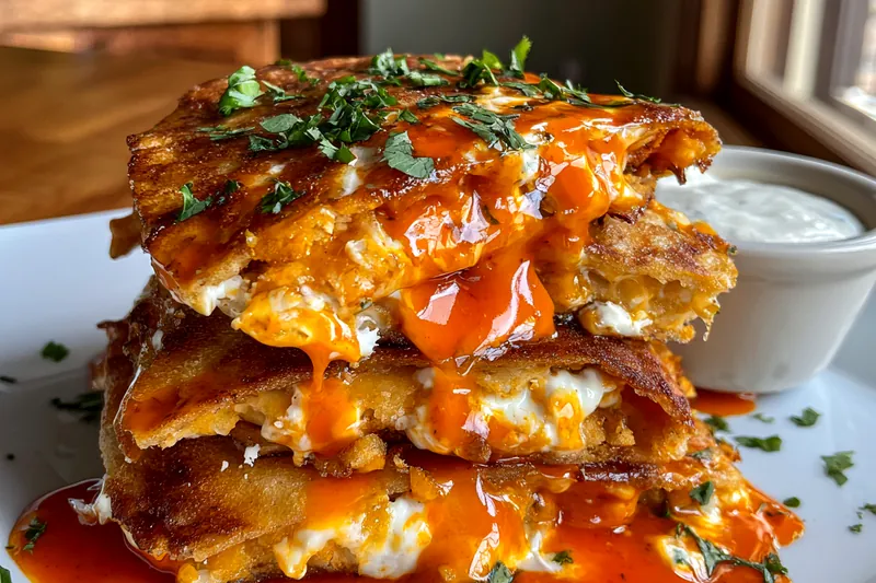 Action shot of spatula folding a tortilla over a fried egg in a skillet, revealing melted cheese and chili oil inside
