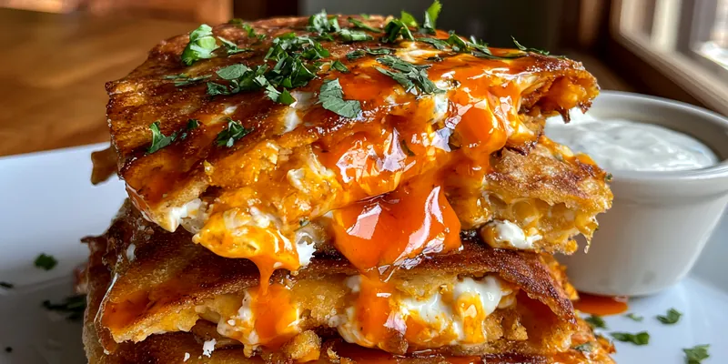 Stack of golden-brown crispy egg and cheese quesadillas dripping with red chili oil and garnished with chopped cilantro on a white plate