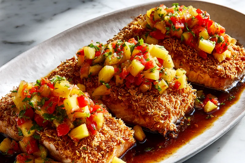 Fresh salmon fillets, shredded coconut, panko, fresh pineapple, red peppers, and limes arranged on a marble surface