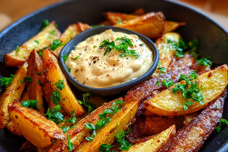 The process of baking crispy garlic fries in the oven, showing golden-brown fries on a baking sheet.
