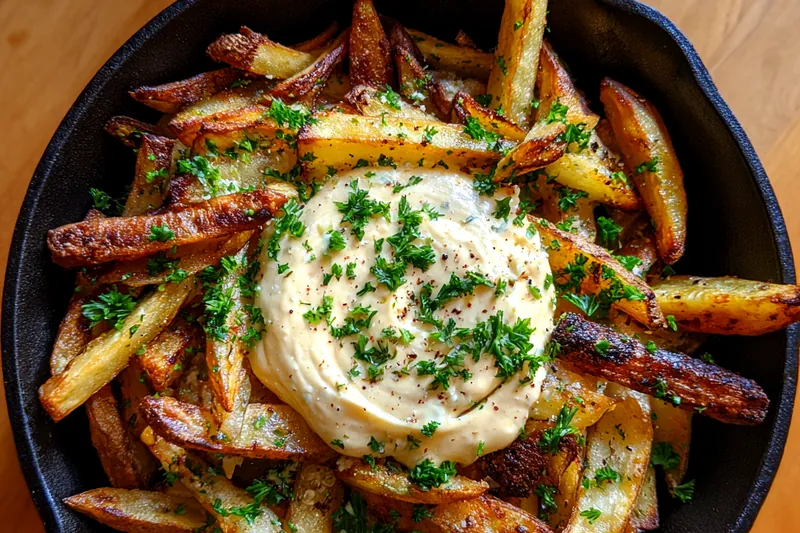 An arranged display of fresh russet potatoes, garlic cloves, olive oil, and seasonings for Crispy Garlic Fries with Aioli.