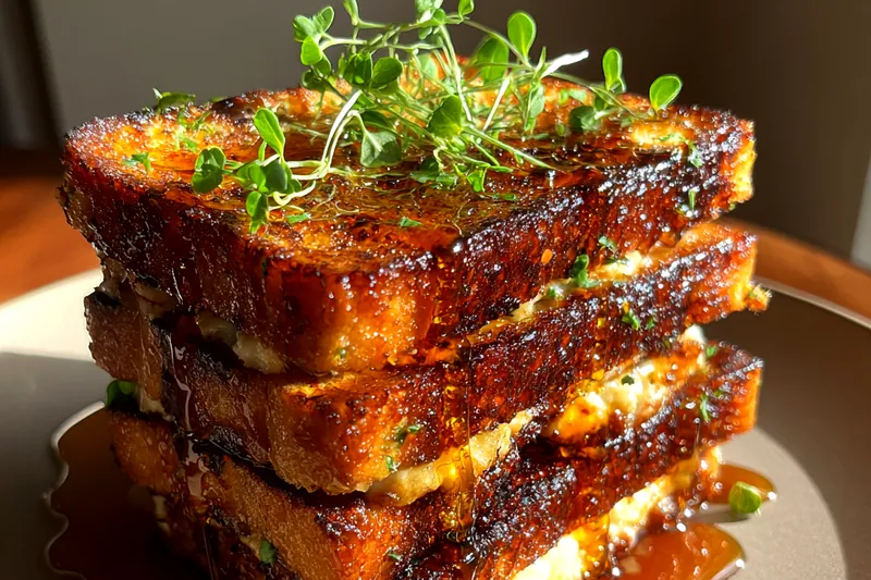 Golden brown french toast slices frying in foaming butter in a skillet, herbs visible on the crust