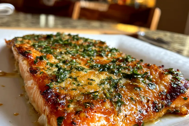Chef Mitchell expertly plating Crispy Parmesan Basil Salmon with garnish and sides