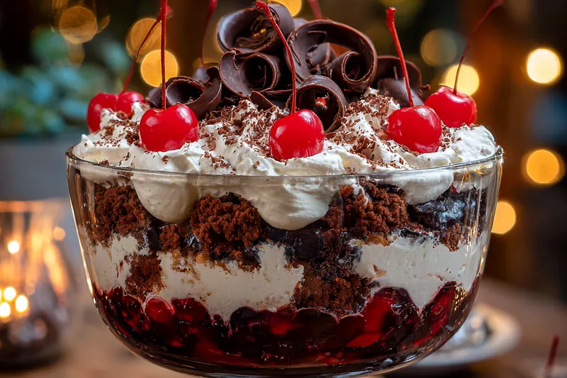 Chef assembling layers of Decadent Black Forest Trifle with chocolate cake, cherries, and whipped cream.