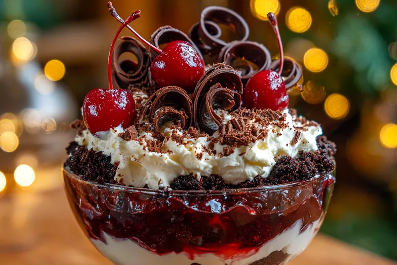 An array of ingredients for Decadent Black Forest Trifle, including chocolate cake, cherries, and whipped cream.
