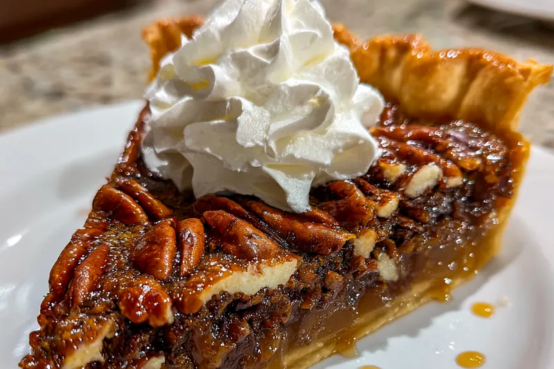 A step-by-step photo of making Decadent Bourbon Chocolate Pecan Pie, showcasing the pie crust and filling preparation.