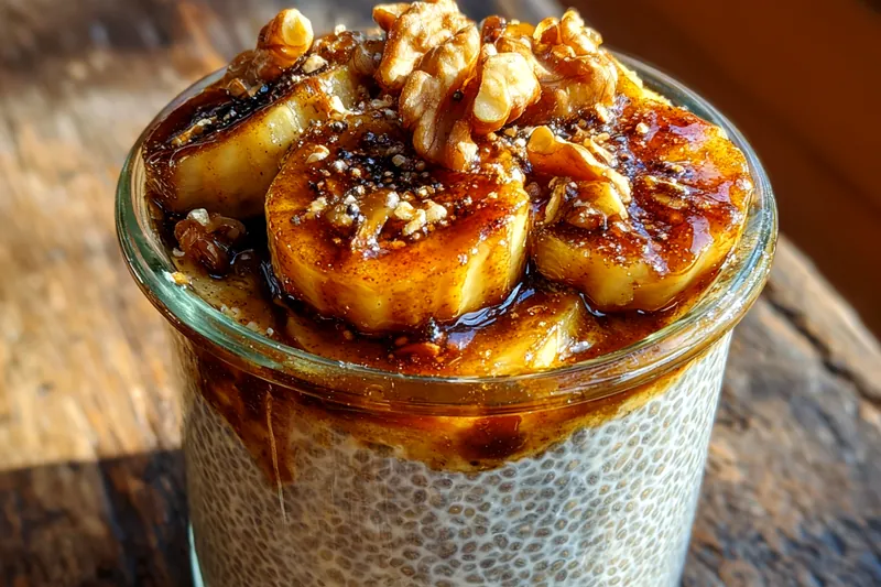 A colorful arrangement of ingredients for Decadent Chia Banana Delight including chia seeds, bananas, and almond milk.