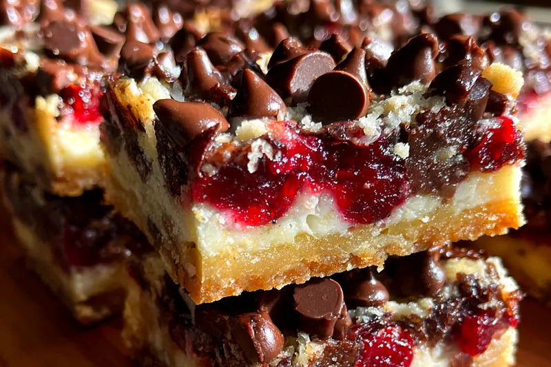 A vibrant display of ingredients including flour, cocoa powder, butter, cranberries, and chocolate chips for Decadent Chocolate Cranberry Bars.