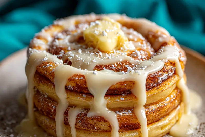 A skillet filled with golden-brown Decadent Cinnamon Roll Pancakes cooking to perfection.