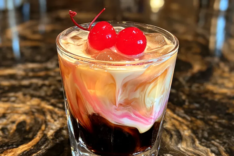 Fresh ingredients for the Decadent Kahlua Cocktail Delight including Kahlua, cream, and chocolate syrup.