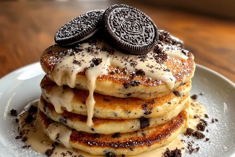 An assortment of ingredients for Decadent Oreo Pancakes, including flour, sugar, and crushed Oreos arranged on a wooden table.