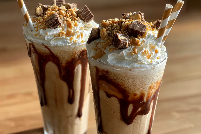 Blending the ingredients for Decadent Peanut Butter Frappuccino to a smooth consistency.