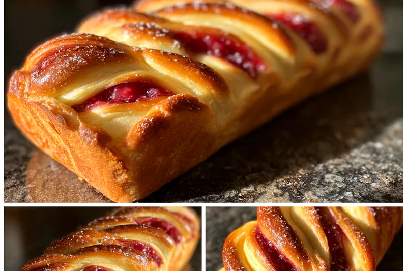 Baking process of Decadent Raspberry Brioche Loaf in the oven with a golden crust forming.