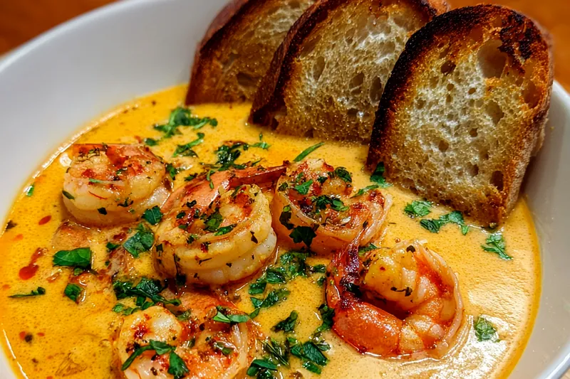 Ingredients for Decadent Seafood Bisque Delight arranged on a wooden countertop.