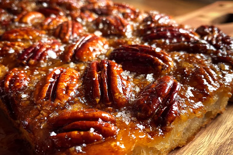The process of baking Decadent Sticky Pecan Focaccia, showcasing the golden-brown crust and sticky pecan topping.