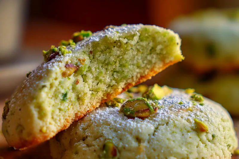 Baking delicate pistachio cookies on a baking sheet in the oven.