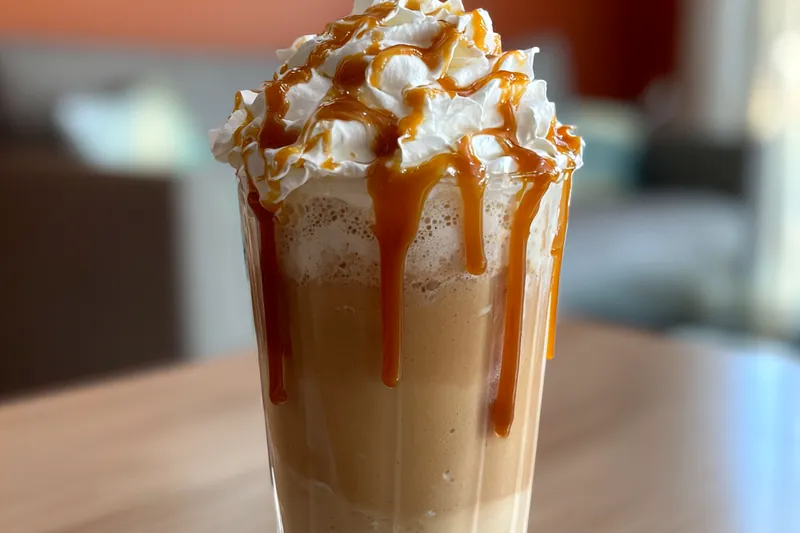 An array of ingredients for Delicious Caramel Coffee Treat including coffee, caramel, milk, and whipped cream.