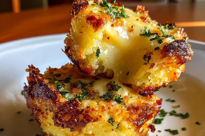 Chef frying Delicious Cheesy Potato Puffs in a skillet until golden brown and crispy.