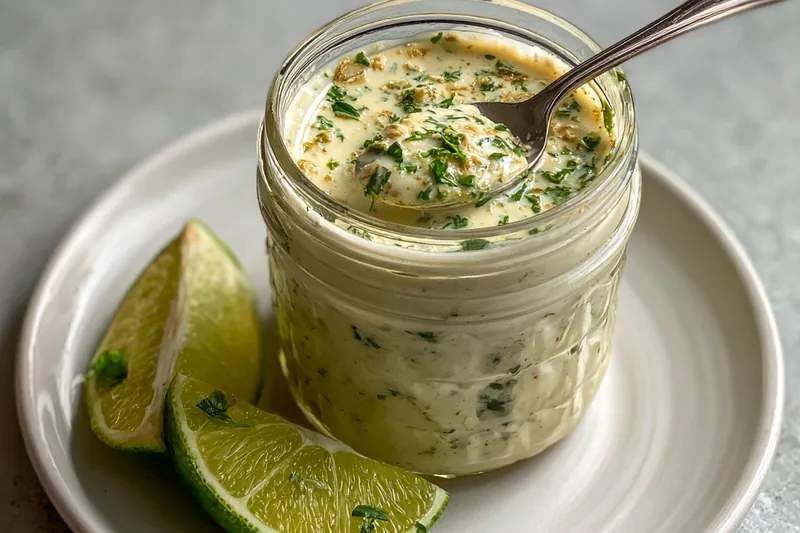 A collection of fresh ingredients for Cilantro Garlic Sauce including cilantro, garlic, lime, and dairy.