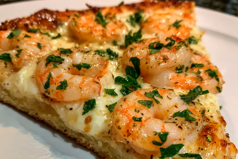 An array of fresh ingredients laid out for Delicious Garlic Shrimp Pizza including shrimp, herbs, and cheese.