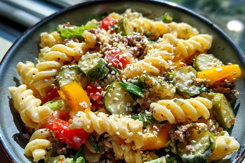 Fresh ingredients for Delicious Pasta Salad