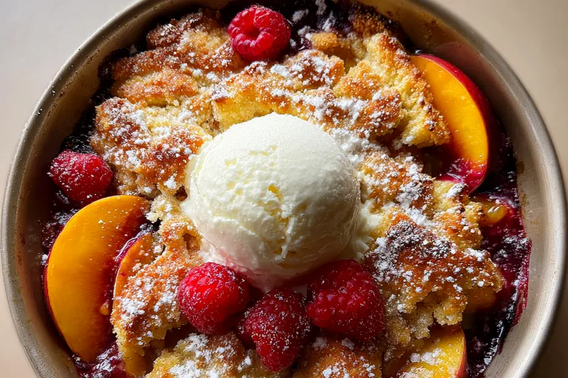 The process of baking Delicious Peach Raspberry Cobbler, with the golden crust rising in the oven.