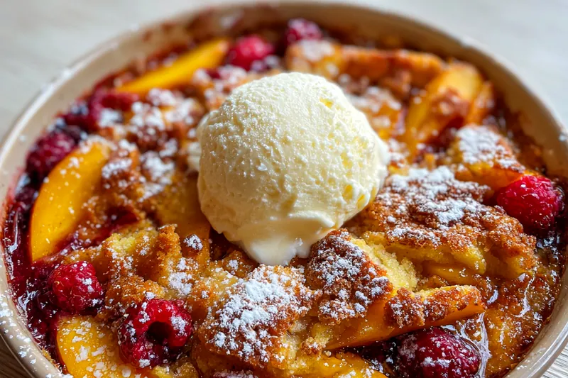A colorful assortment of fresh peaches, raspberries, flour, and other ingredients arranged neatly for cobbler preparation.