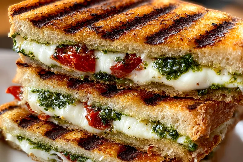 Fresh ingredients including basil, mozzarella, sourdough bread, and pine nuts arranged on a wooden table.