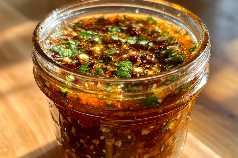 The process of making Delicious Smoky Red Sauce, showcasing sizzling onions and garlic in a pan.