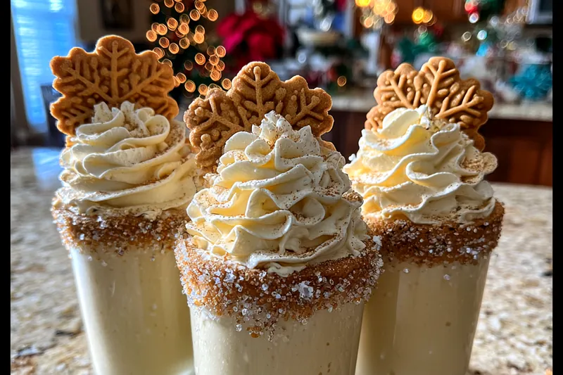 A collection of ingredients for Festive Creamy Cookie Drink including cream, milk, cookie butter, and spices.