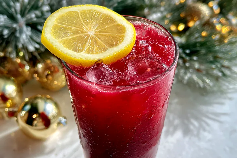 A vibrant bowl of Festive Holiday Christmas Punch with ice and fruits ready to be served.