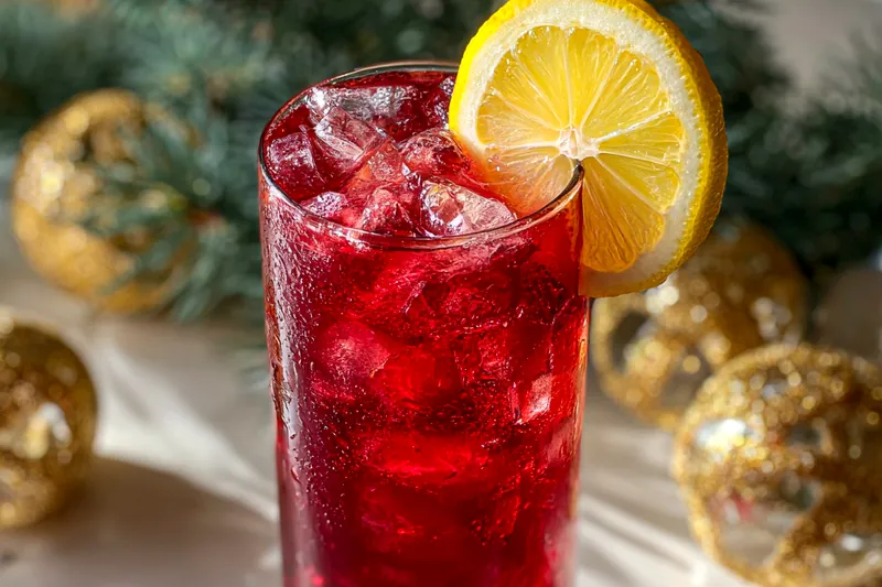 A beautifully arranged display of ingredients for Festive Holiday Christmas Punch including fruits and juices.