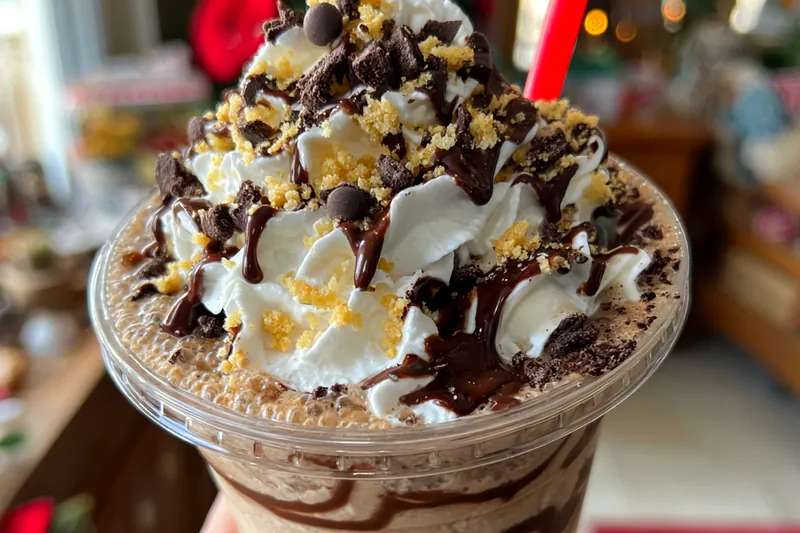 A process shot of steaming milk and mixing espresso with chocolate syrup, demonstrating steps in making the Peppermint Mocha Blend.