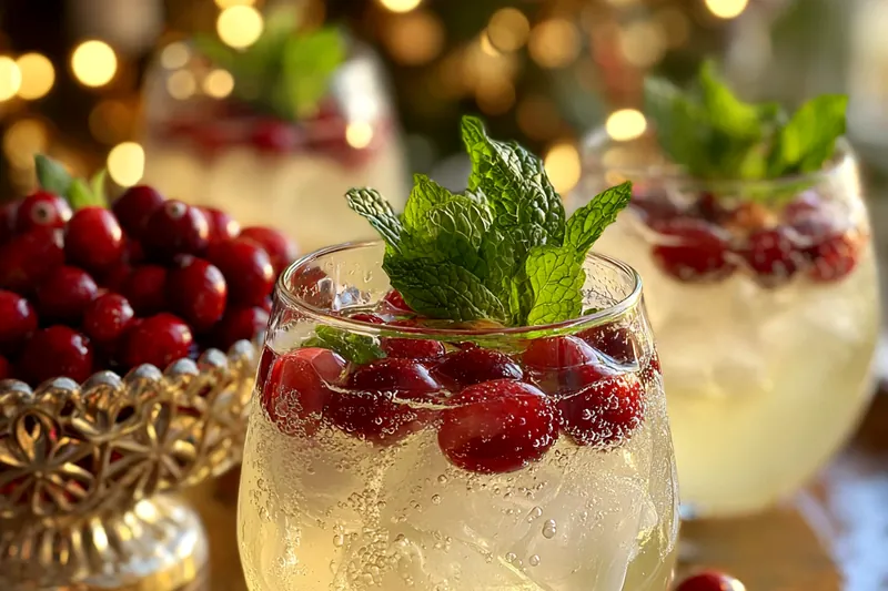 Ingredients for Festive White Christmas Punch displayed beautifully, including fresh fruits and colorful juices.