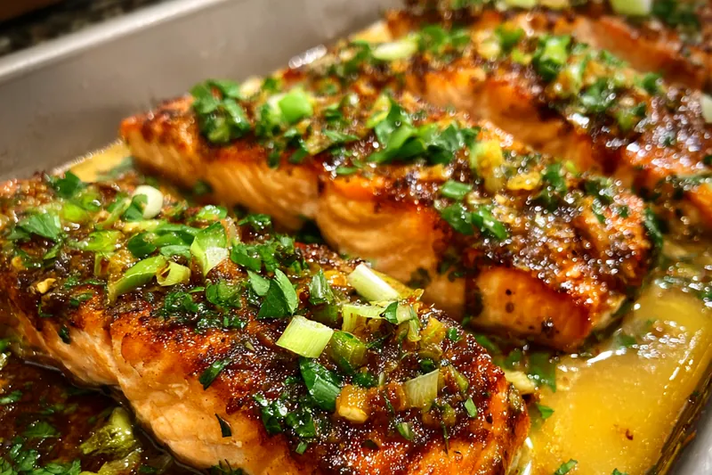 Chef Mitchell cooking the salmon in a skillet, showcasing the process of creating the Bang Bang Salmon Dish.