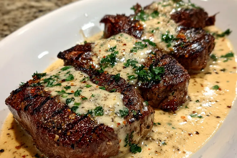 Cooking process of Garlic Cream Sauce Steak, showcasing the searing steak and preparing the garlic cream sauce.