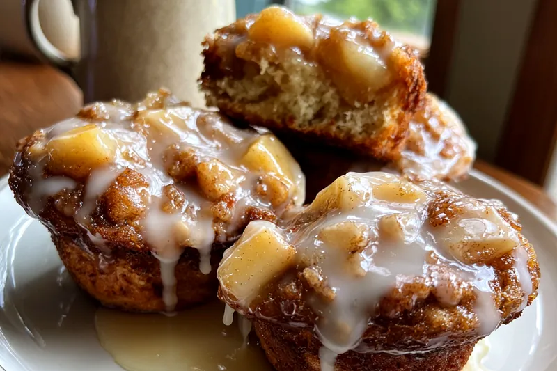 Golden brown apple fritter muffins rising in the oven, sugar bubbling around the edges