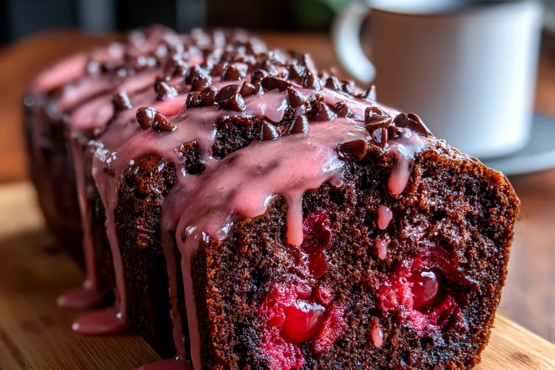Glazed chocolate loaf cake being sliced on a board, revealing the cherry interior