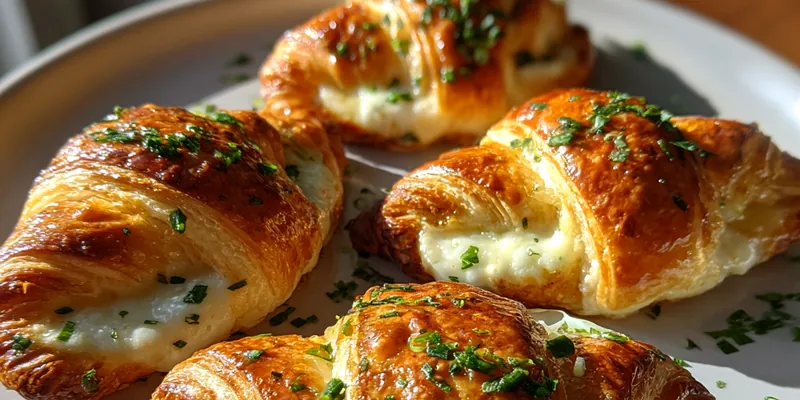 Golden-brown puff pastry parcels on a white plate, filled with creamy melted cheese oozing out, garnished with fresh green herbs