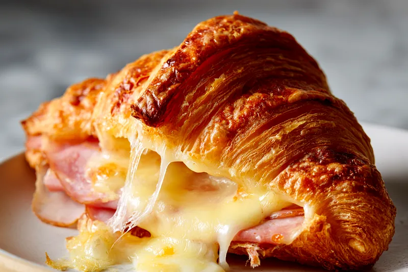 Ham and cheese croissants baking in oven with cheese beginning to melt and bubble, golden layers visible
