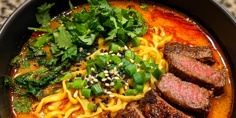 Delicious Grilled Beef Spicy Ramen served on a plate
