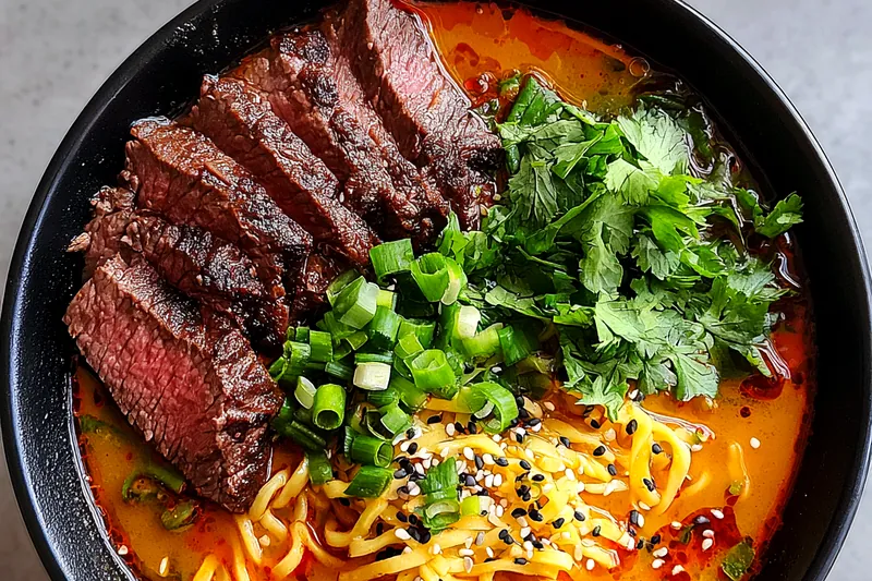 Fresh ingredients for Grilled Beef Spicy Ramen