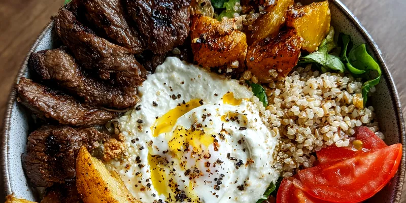 Delicious Grilled Burger Bowl with Aioli served on a plate