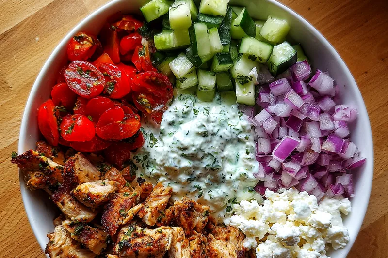 Fresh ingredients for Grilled Chicken Mediterranean Bowl