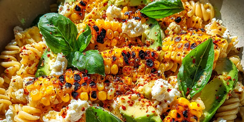 Delicious Grilled Corn Avocado Pasta Salad served on a plate