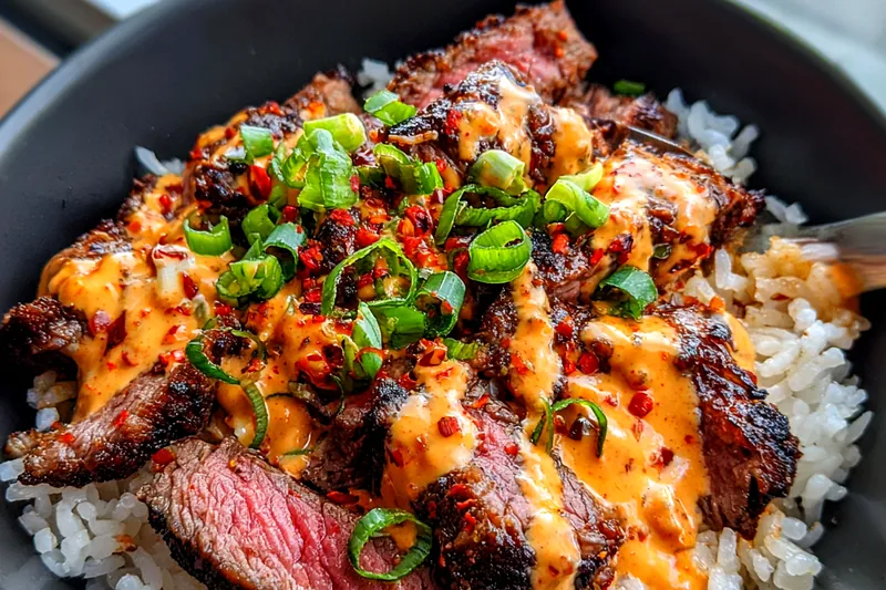 Fresh ingredients for Grilled Steak Rice Bowl
