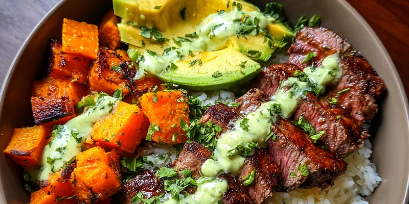 Delicious Grilled Steak Sweet Potato Bowl served on a plate